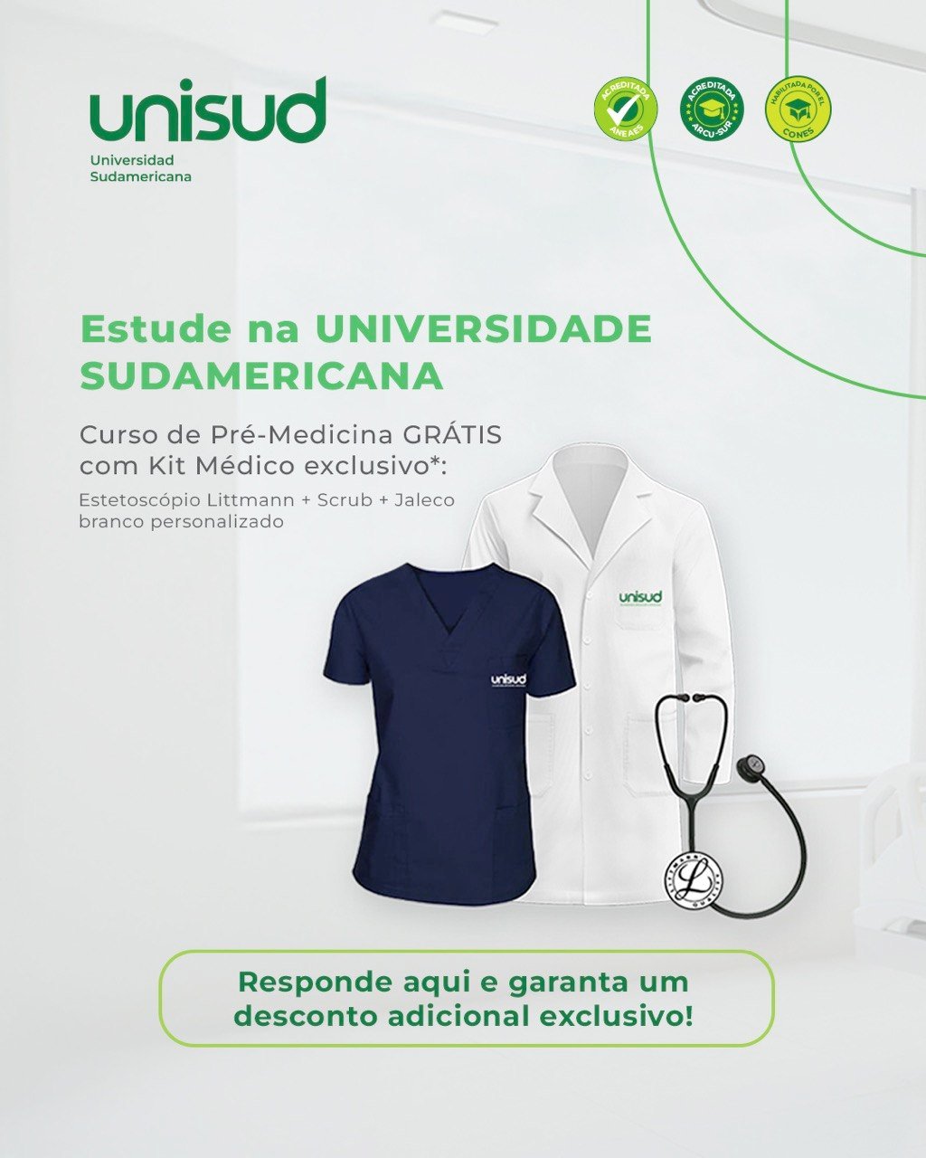 Kit pré-medicina UNISUD — jaleco, scrub e estetoscópio Littmann
